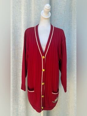 Bogner red grandpa style cardigan embroidered crest